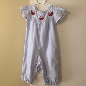 Seersucker sailboat girl one piece is adorable!